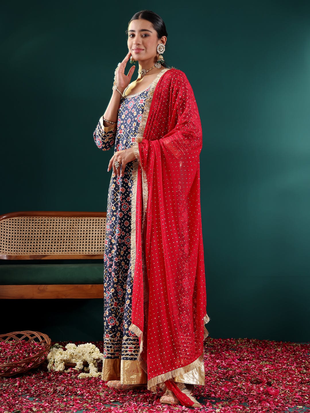 Varanga Women Navy Blue Patola Printed Anarkali Kurta Paired With Contrast Dupatta.
