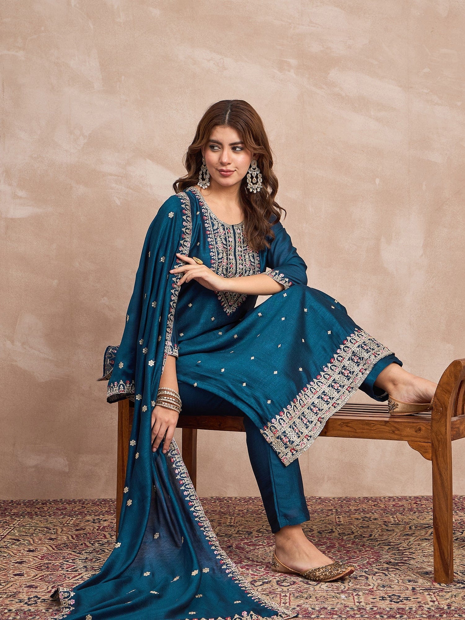 Kurta With Intricate Zari-Embroidered Yoke Is Paired With Ankle-Length Solid Trousers And A Matching Zari-Accented Dupatta