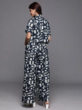 Varanga Women Navy Blue Sleeveless Top Paired With Printed Jacket And Palazzo