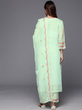 Varanga Women Sea Green Thread Embroidered Kurta With Bottom And Dupatta
