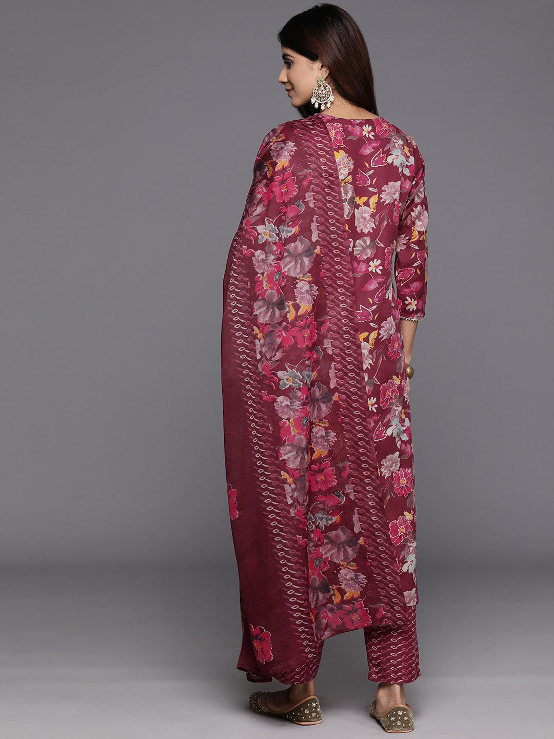 Varanga Women Maroon Floral Printed  Embroidered Kurta Paired With Bottom And Dupatta