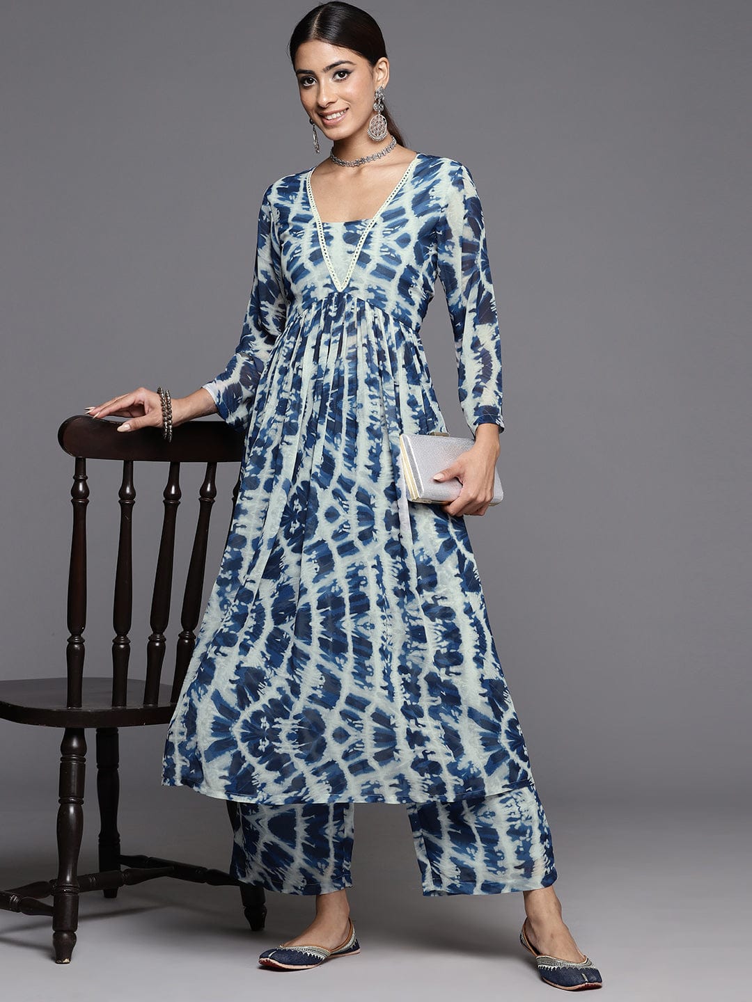 Varanga Women Blue Shibori Printed V-Neck A-Line  Kurta Paired With Tonal Printed Bottom
