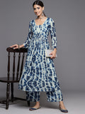 Varanga Women Blue Shibori Printed V-Neck A-Line  Kurta Paired With Tonal Printed Bottom