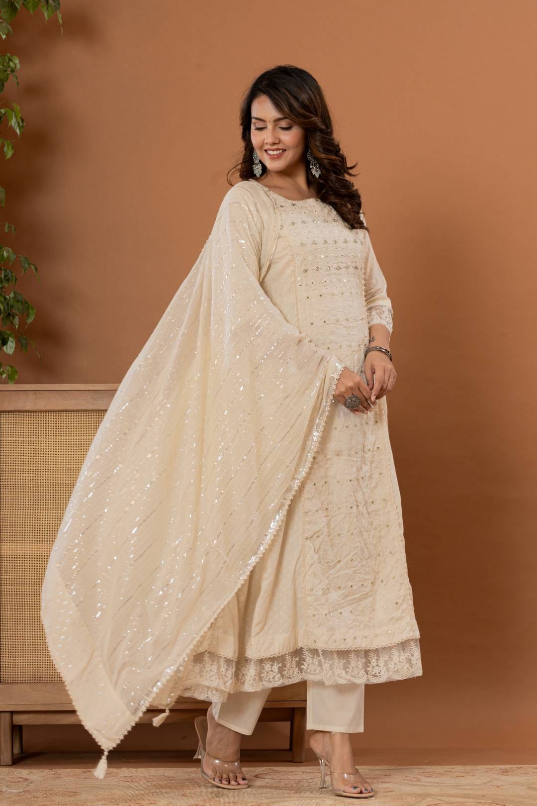 Varanga Women Floral Embroidered Panelled Mirror Work Pure Cotton Kurta with Trousers & Dupatta