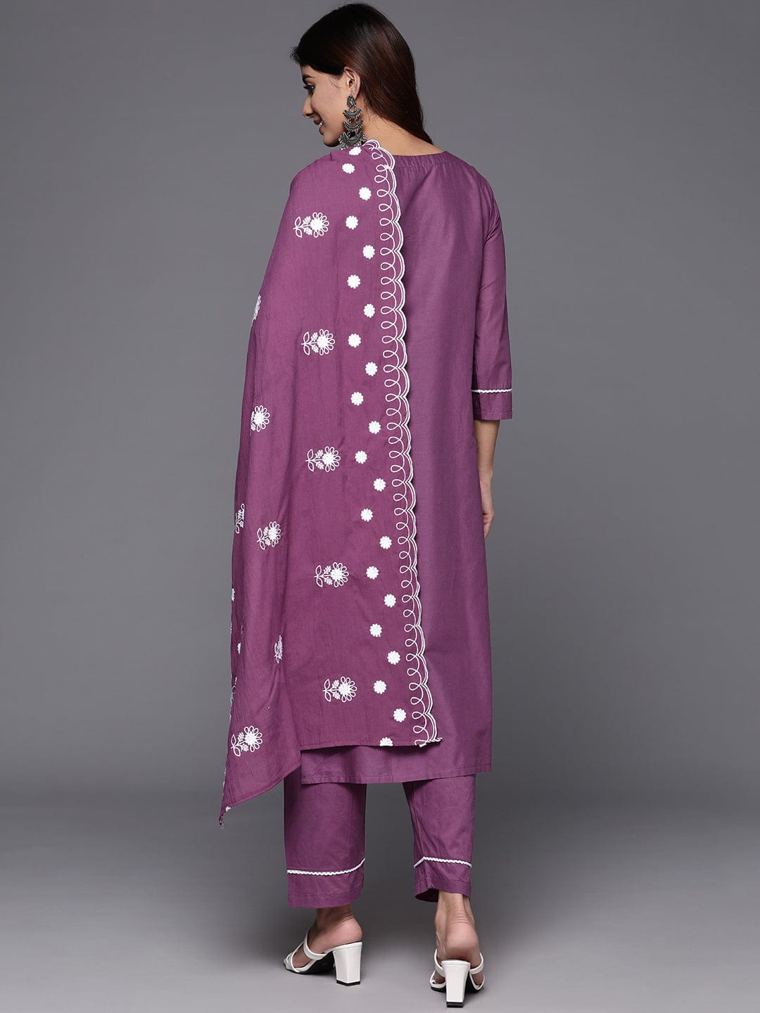 Varanga Women Purple Thread Embroidered Kurta With Tonal Bottom And Dupatta