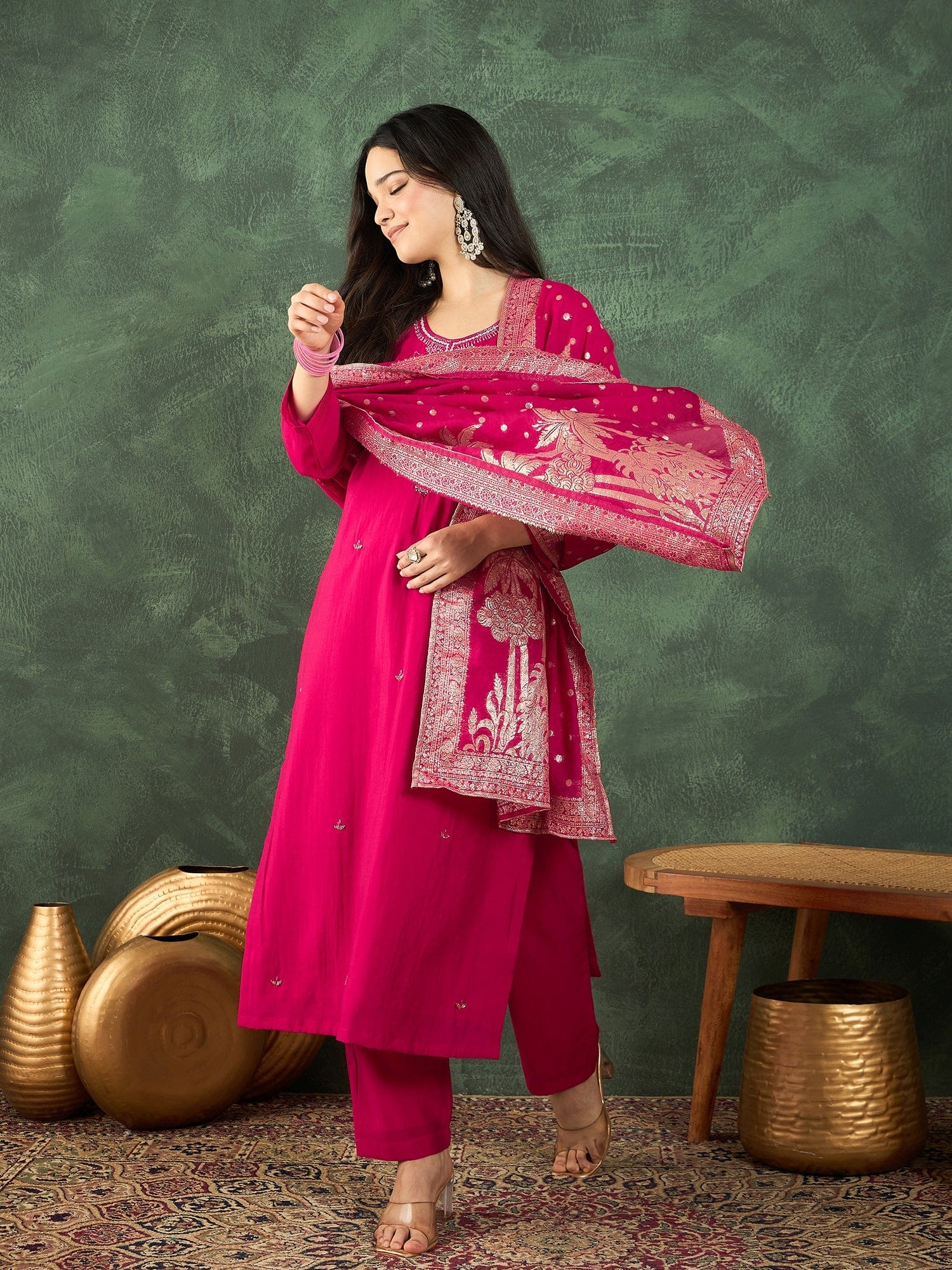 Fuchsia kurta set featuring a bead-embellished yoke, solid ankle-length trousers, and a brocade dupatta