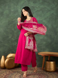 Fuchsia kurta set featuring a bead-embellished yoke, solid ankle-length trousers, and a brocade dupatta