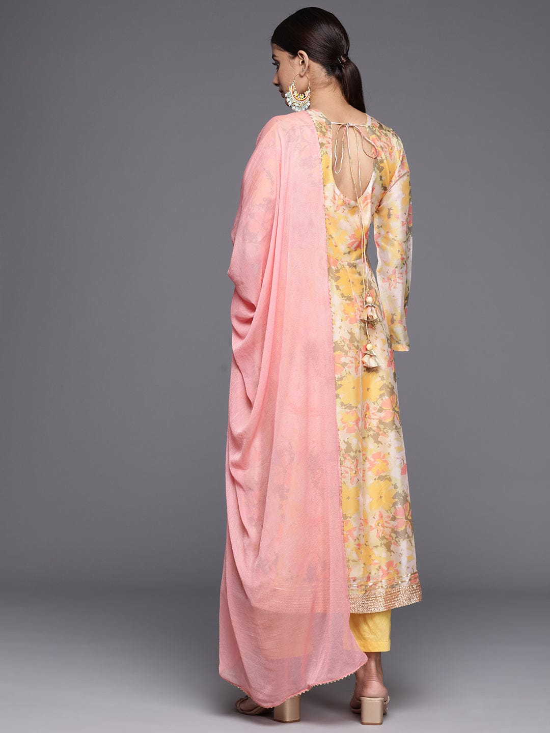 varanga women yellow floral printed round neck anarkali kurta with bottom and dupatta