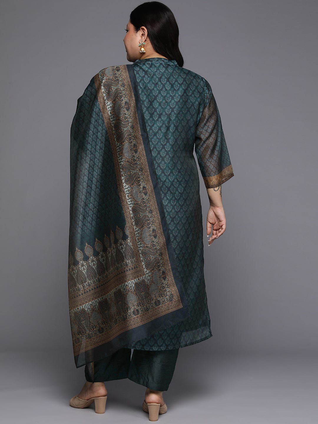 Varanga Plus Size Ethnic Motifs Printed Chanderi Silk Kurta With Trousers Dupatta