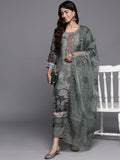 Varanga Women Green Floral Printed  Straight Kurta Paired With Tonal Bottom And  Tonal Organza Embroidered Dupatta