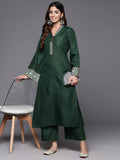 Varanga Women Green Embroidered  Long & Flared Sleeves Kurta With Tonal Bottom