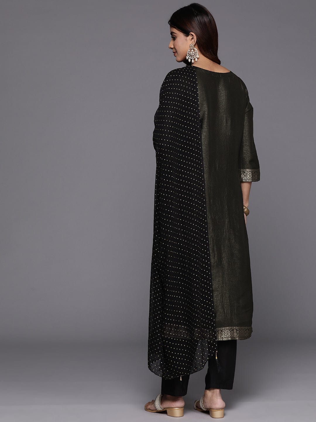 Varanga Women Black Jacquard Weave Kurta With Bottom And Dupatta