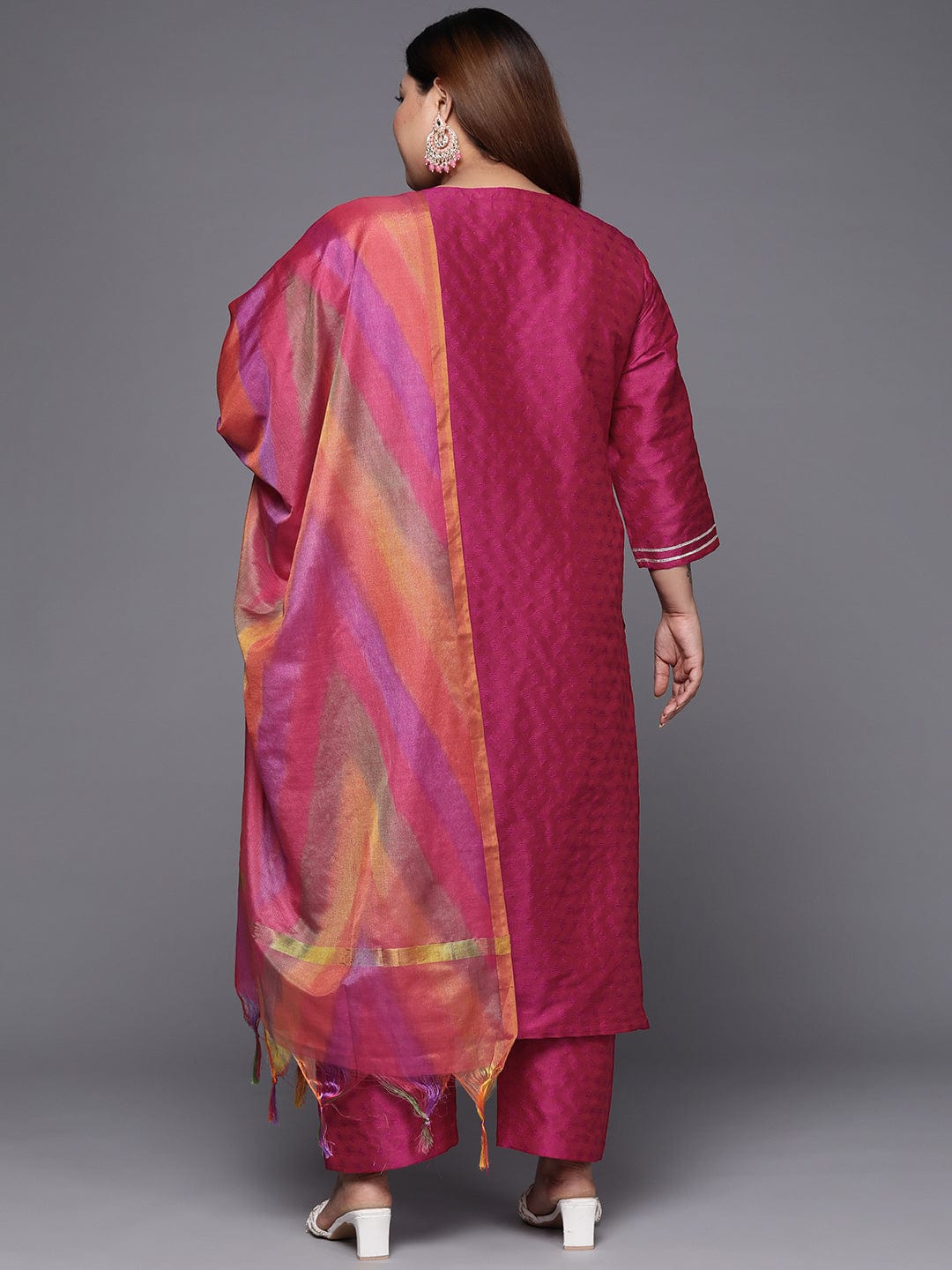 Varanga Women Plus Size Magenta Floral Embroidered Kurta with Trousers & Dupatta