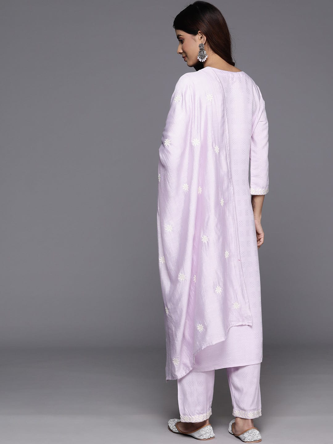 Varanga Women Lavender Thread Embroidered Kurta With Bottom And Dupatta