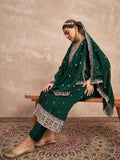 Elegant In Deep Green, This Straight-Fit Kurta With Intricate Zari-Embroidered Yoke Is Paired With Ankle-Length Solid Trousers And A Matching Zari-Accented Dupatta