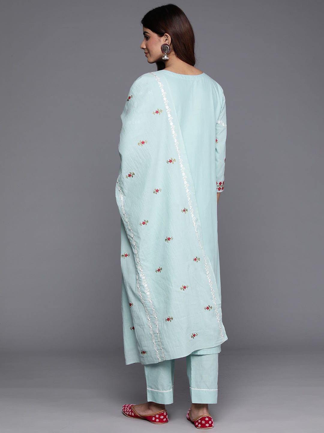 Varanga Floral Embroidered Thread Work Pure Cotton Kurta with Trousers & Dupatta