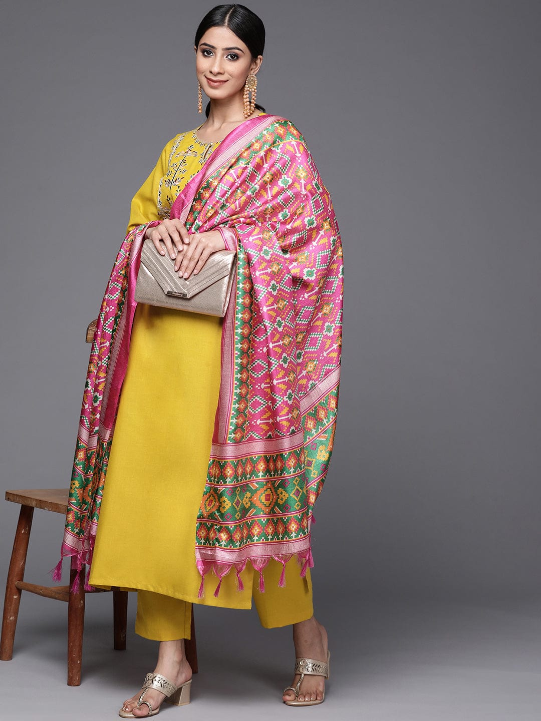 Varanga Women Yellow Yoke Design Kurta With Trousers And Dupatta Set