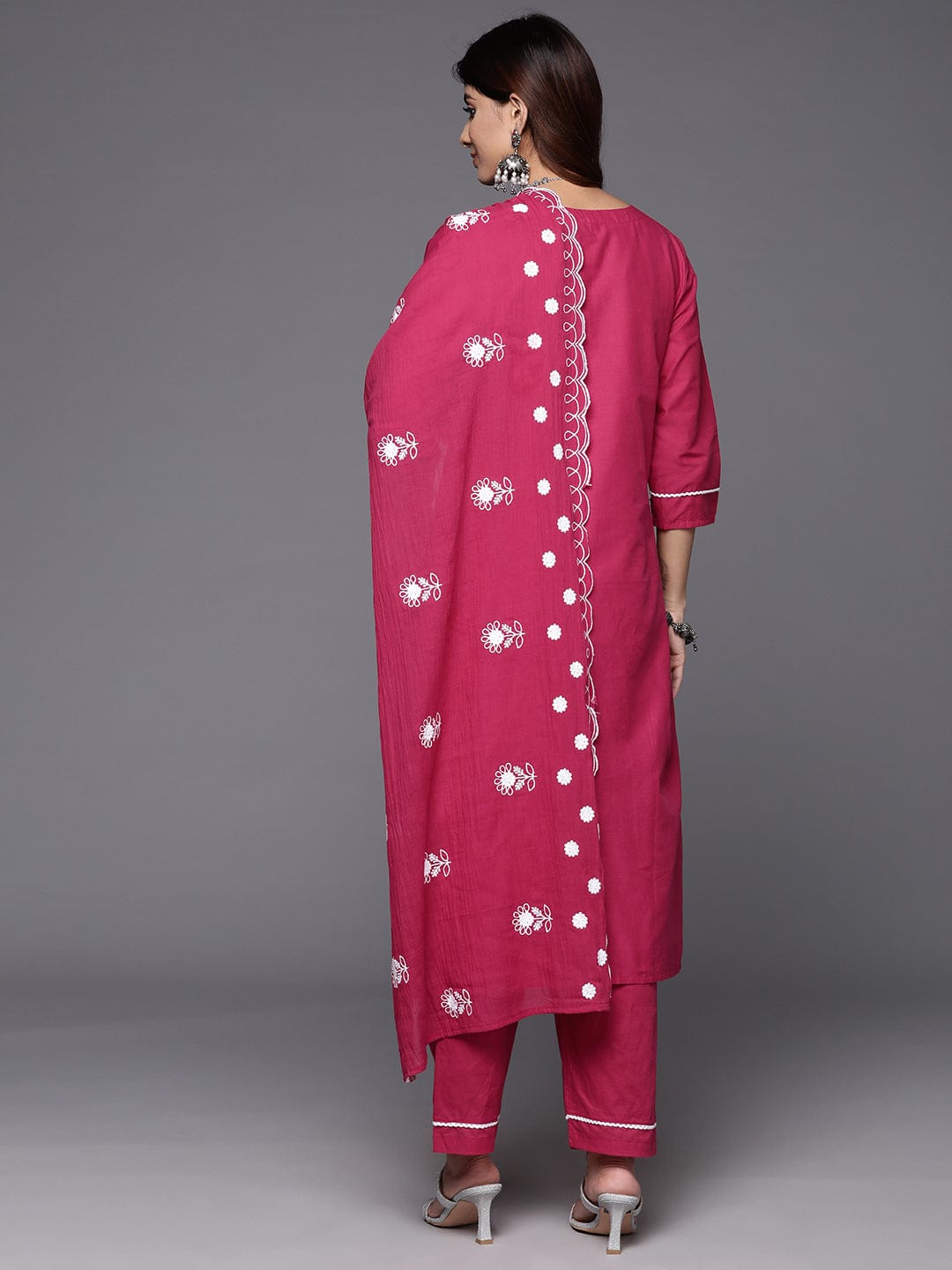 Varanga Floral Embroidered Thread Work Pure Cotton Kurta with Trousers & Dupatta