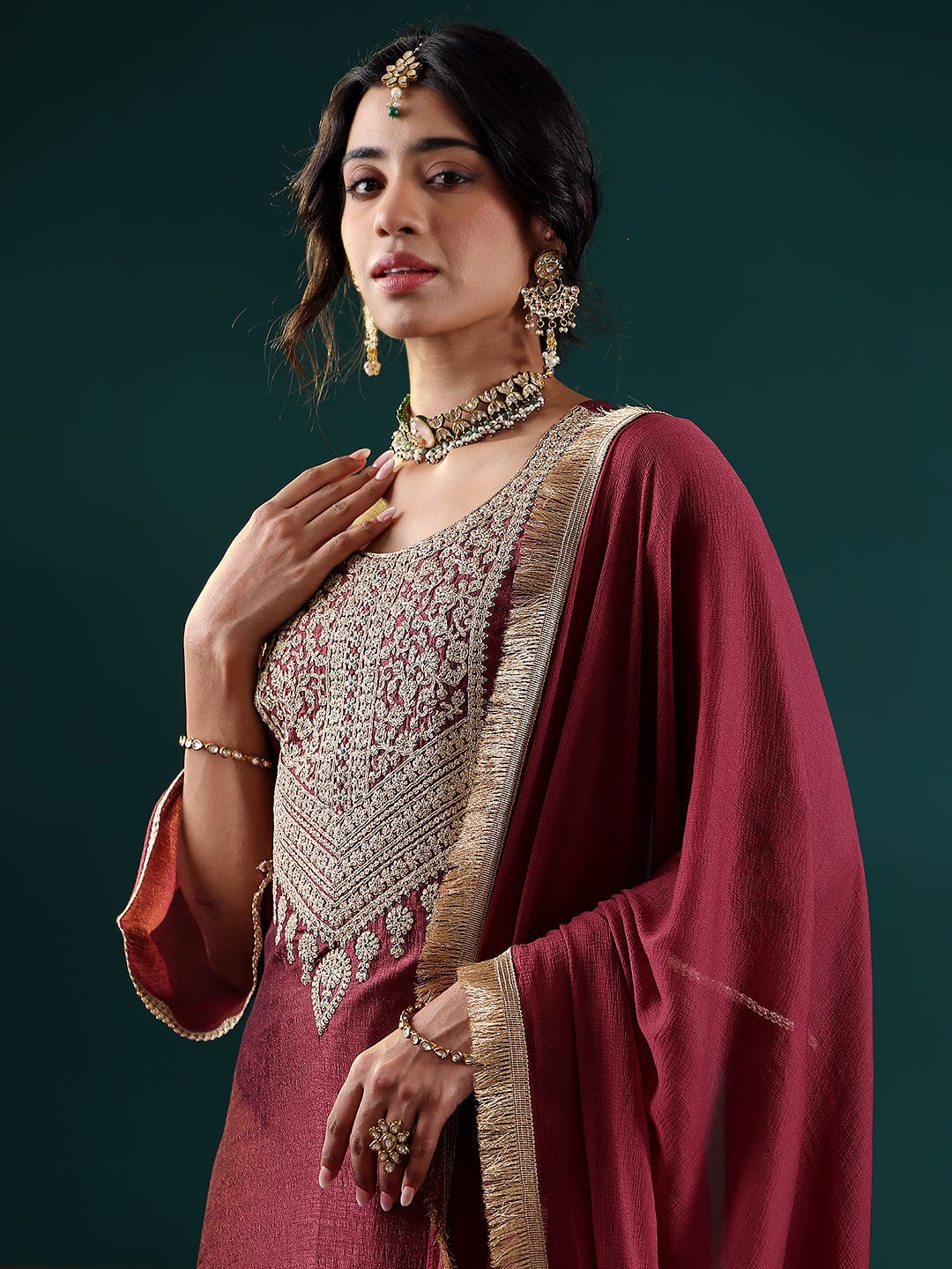 Varanga Women Burgundy Zari Embroidered Kurta With Bottom And Dupatta