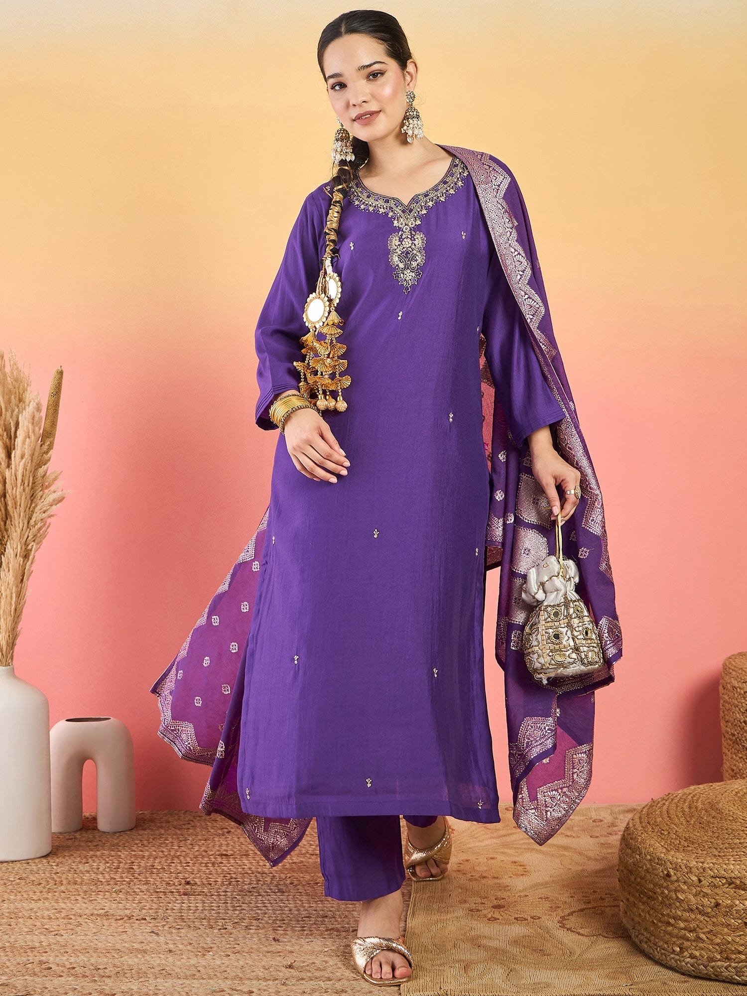 kurta set featuring a bead-embellished yoke, solid ankle-length trousers, and a brocade dupatta