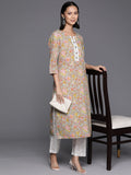 Varanga Women Grey And Green Floral Printed Straight Kurta With Printed Trouser