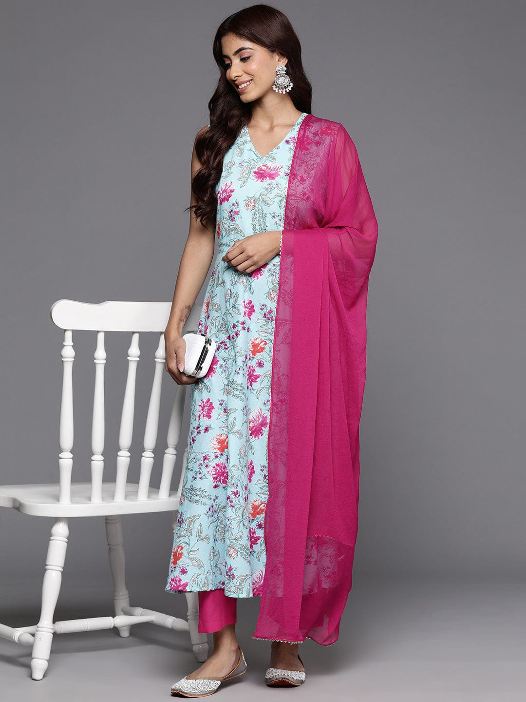 Varanga Women Blue Floral Printed Anarkali Kurta With Tonal Bottom And Dupatta