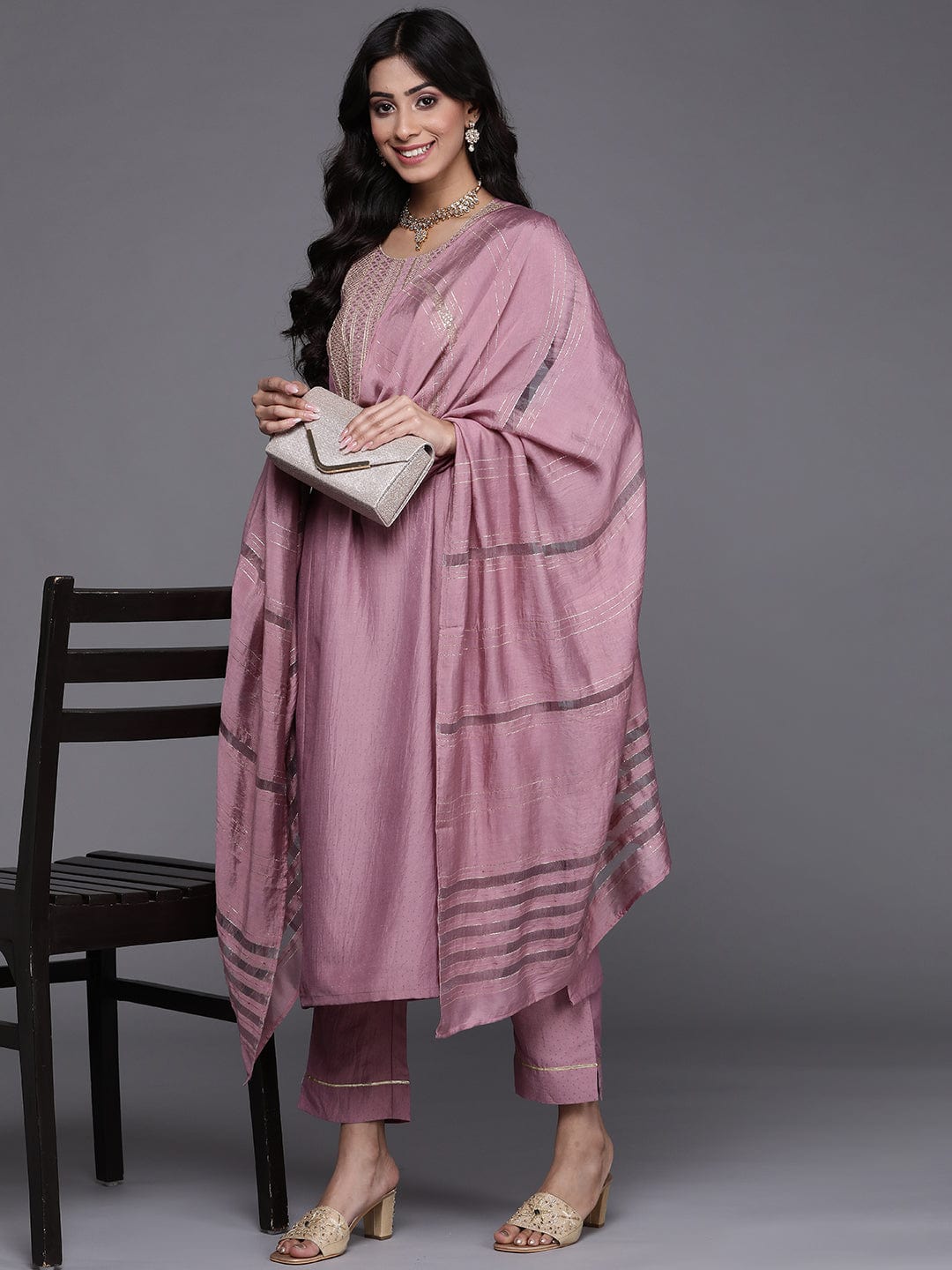 Varanga Women Mauve Ethnic Motifs Embroidered Kurta with Trousers & Dupatta
