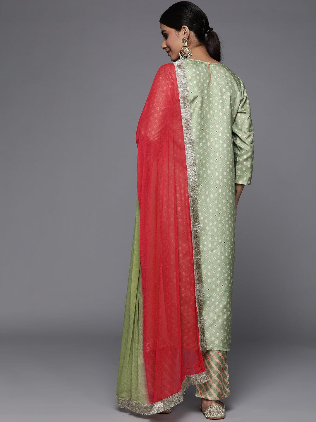 Varanga Women Green Leheriya Embroidered Mirror Work Kurta With Trousers With Dupatta