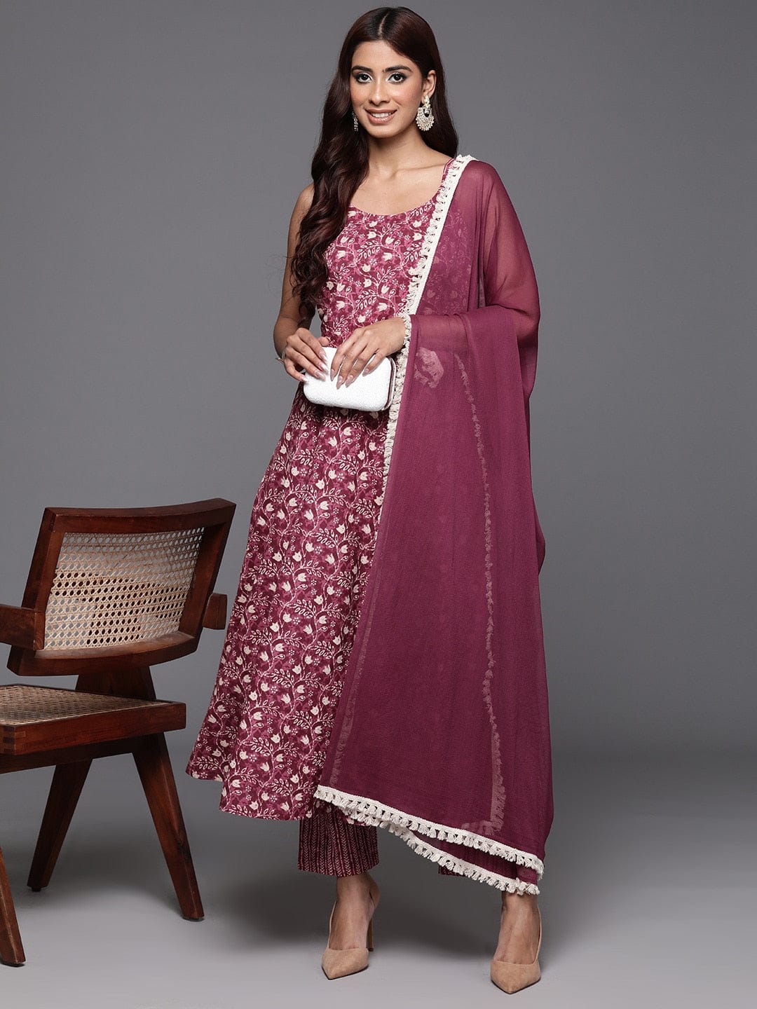 Varanga Women Burgundy Floral Printed Anarkali Kurta With Tonal Bottom And Dupatta
