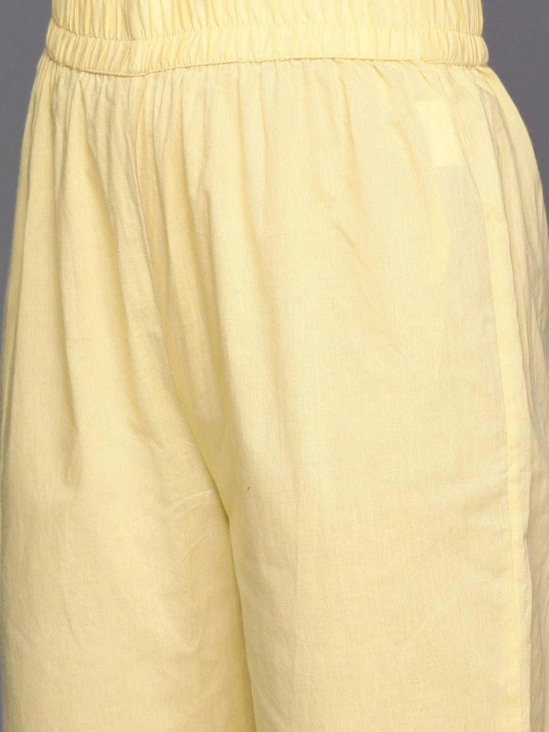 Varanga Women Yellow Abstract Printed Round Neck Straight Pure Muslin Kurta Paired With Tonal Bottom And   Organza Embroiderd Dupatta