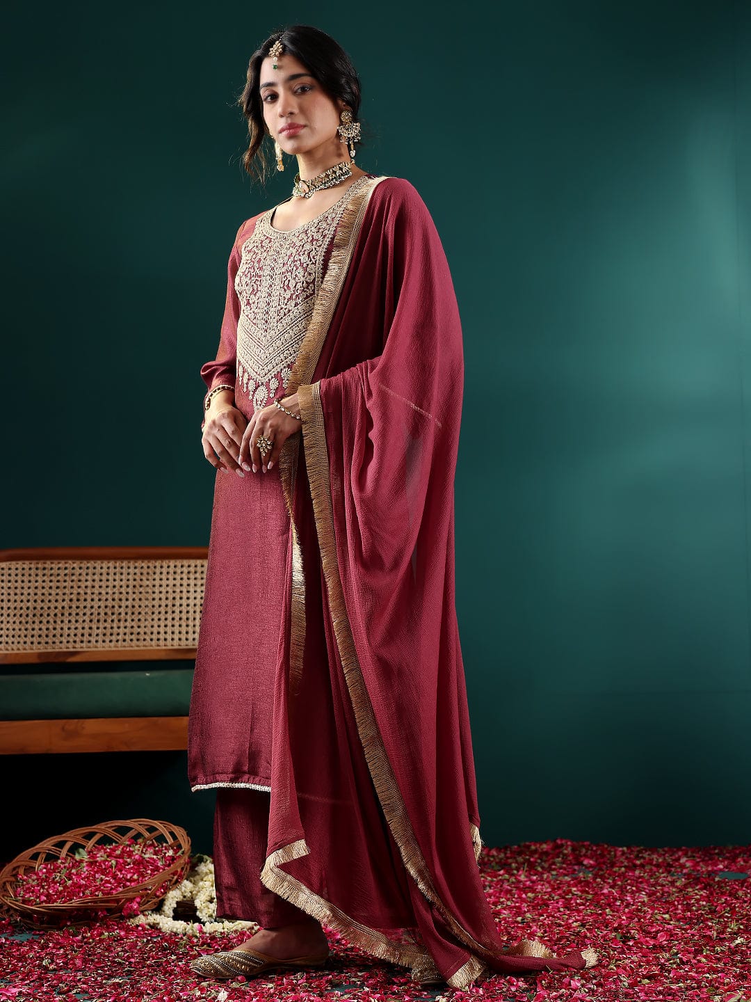 Varanga Women Burgundy Zari Embroidered Kurta With Bottom And Dupatta