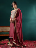 Varanga Women Burgundy Zari Embroidered Kurta With Bottom And Dupatta