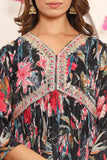Varanga Women Black Floral Printed Embroidered V-Neck Alia Cut  Kurta Paired With Tonal Dupatta
