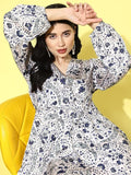 Varanga Women White Floral Printed Top Paired With Tonal Printed Bottom