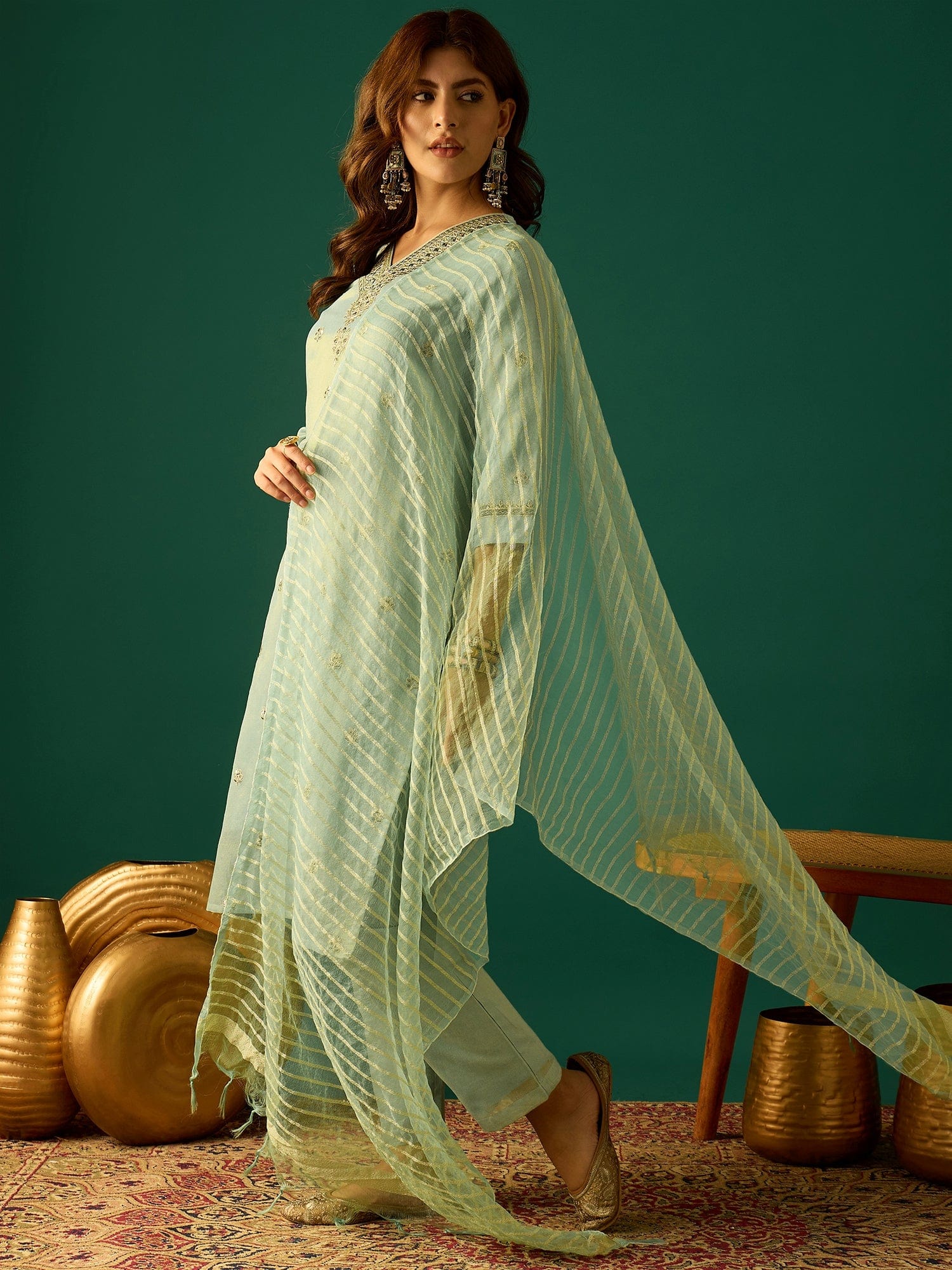 Zari-Embroidered Kurta Paired With Solid Trousers And A Tonal Dupatta