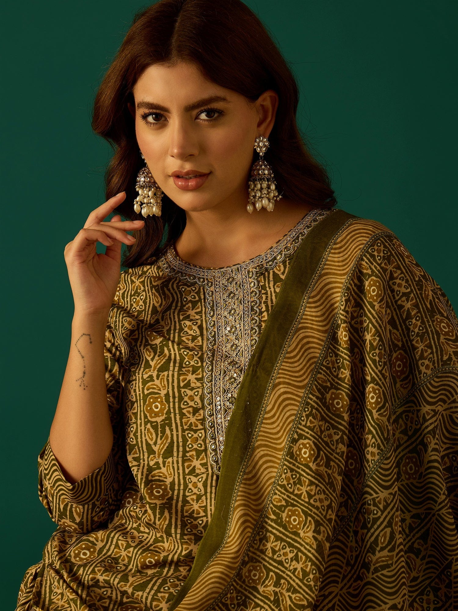 Kurta Set With Zari Yoke Embroidery, Printed Trousers, And Floral Dupatta