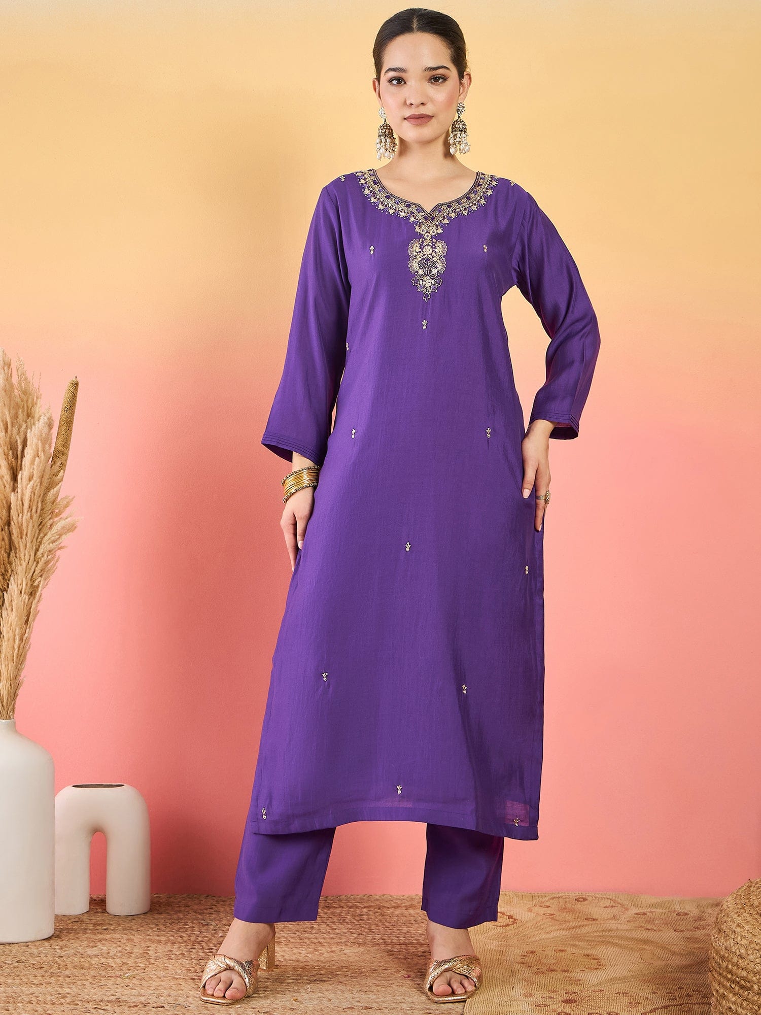 kurta set featuring a bead-embellished yoke, solid ankle-length trousers, and a brocade dupatta