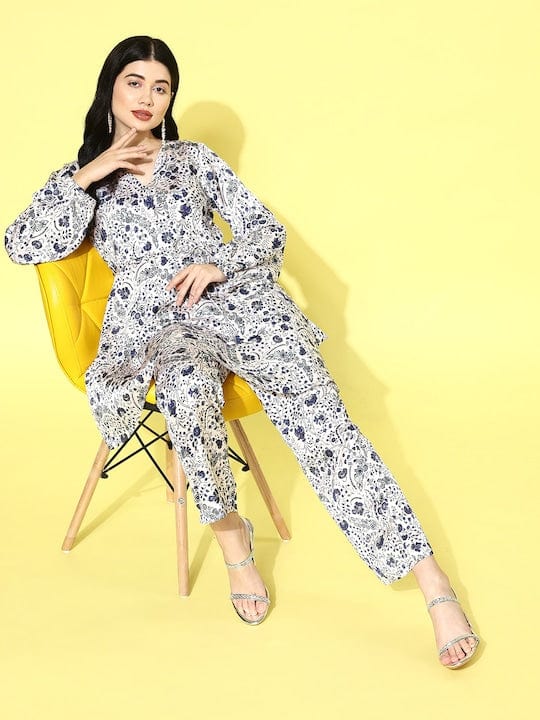 Varanga Women White Floral Printed Top Paired With Tonal Printed Bottom