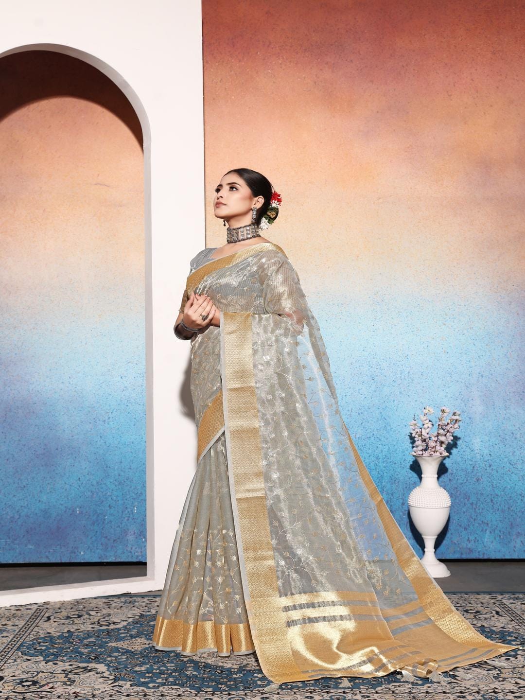 Ethnic Motifs Zari Woven Design Banarasi Saree