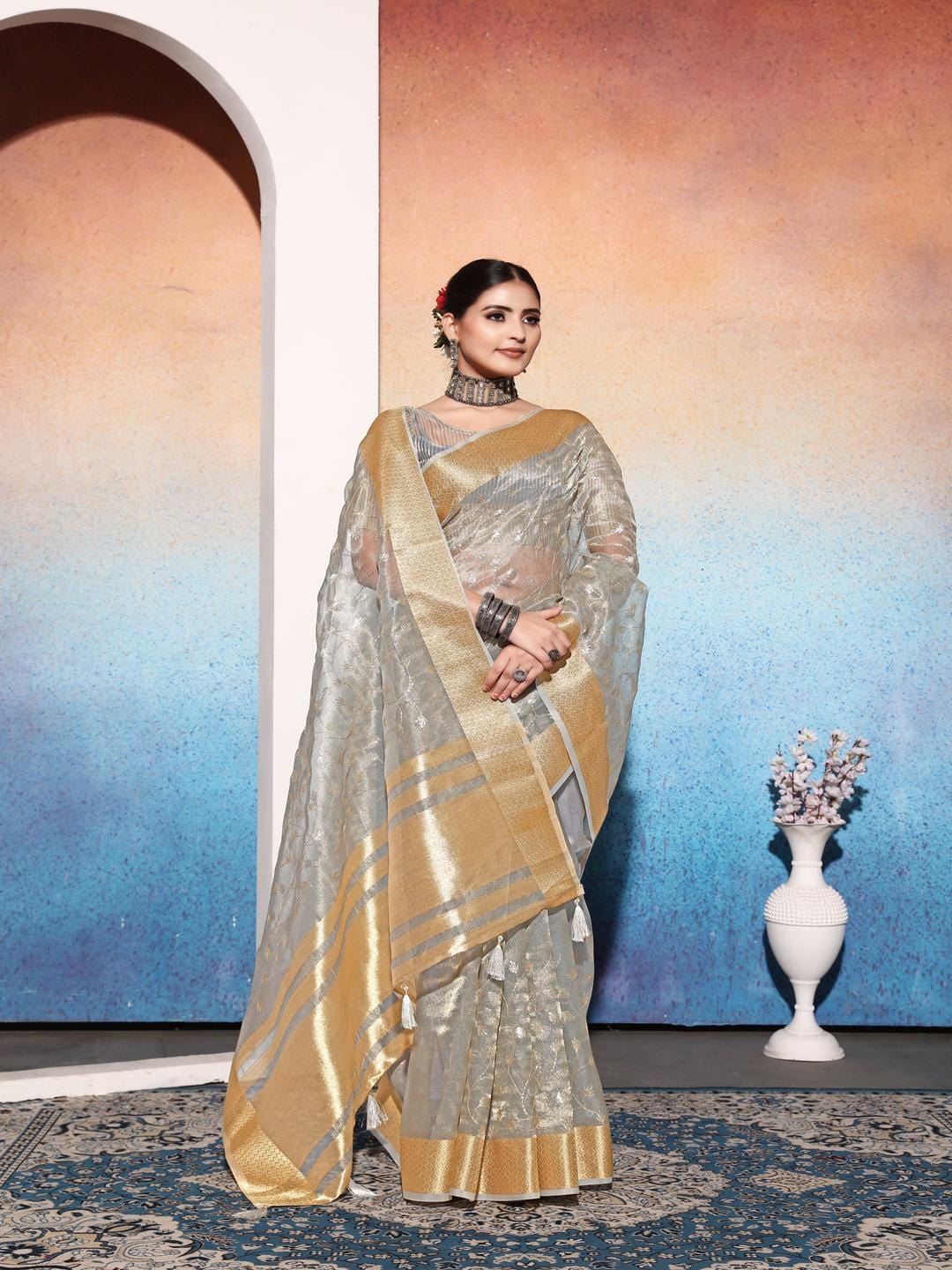Ethnic Motifs Zari Woven Design Banarasi Saree