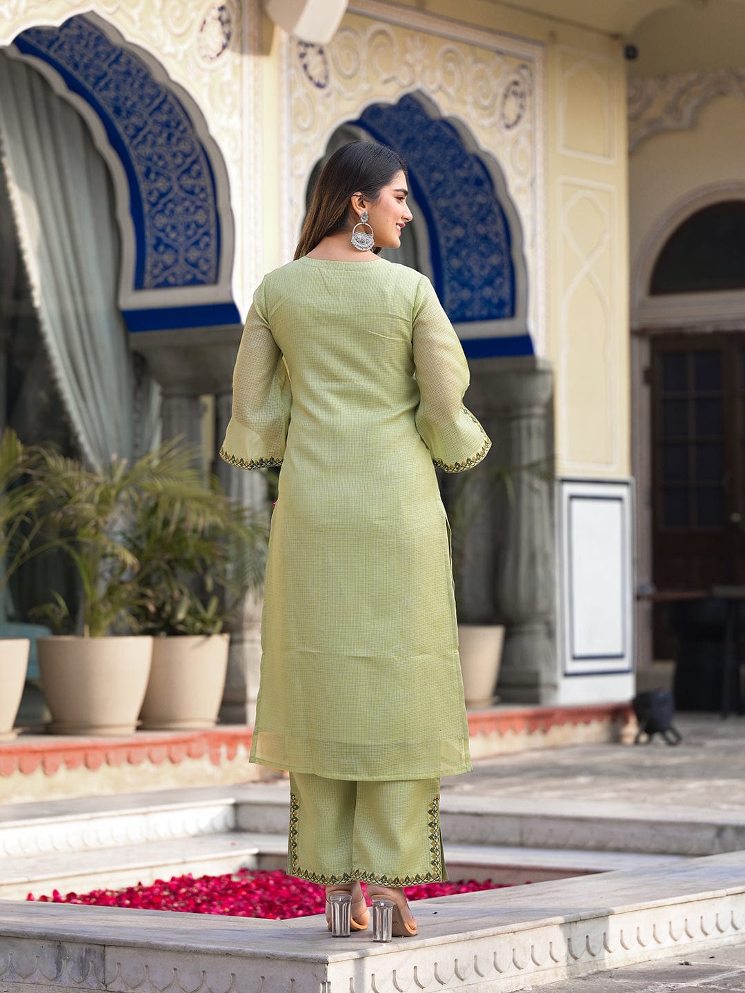 Varanga lime green kota check thread embroidered kurta with bottom and dupatta