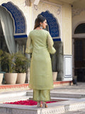 Varanga lime green kota check thread embroidered kurta with bottom and dupatta