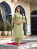 Varanga lime green kota check thread embroidered kurta with bottom and dupatta