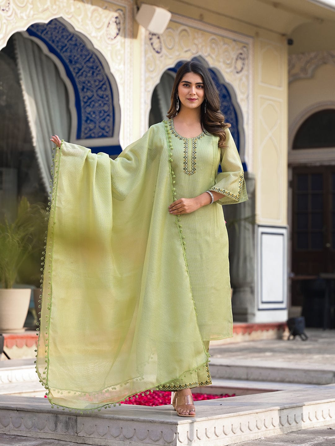 Varanga lime green kota check thread embroidered kurta with bottom and dupatta