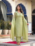 Varanga lime green kota check thread embroidered kurta with bottom and dupatta