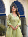 Varanga lime green kota check thread embroidered kurta with bottom and dupatta
