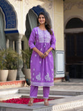 Varanga Lavender Thread Embroidered Kurta Paired With Tonal Bottom And Dupatta