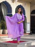 Varanga Lavender Thread Embroidered Kurta Paired With Tonal Bottom And Dupatta