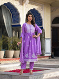 Varanga Lavender Thread Embroidered Kurta Paired With Tonal Bottom And Dupatta