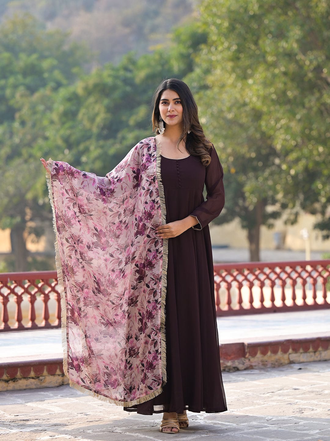 Varanga Coffee Brown Anarkali Kurta Paired With Contrast Dupatta
